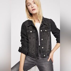Ci Sono, size small black denim jacket. Long sleeve. Button up. Distressed look